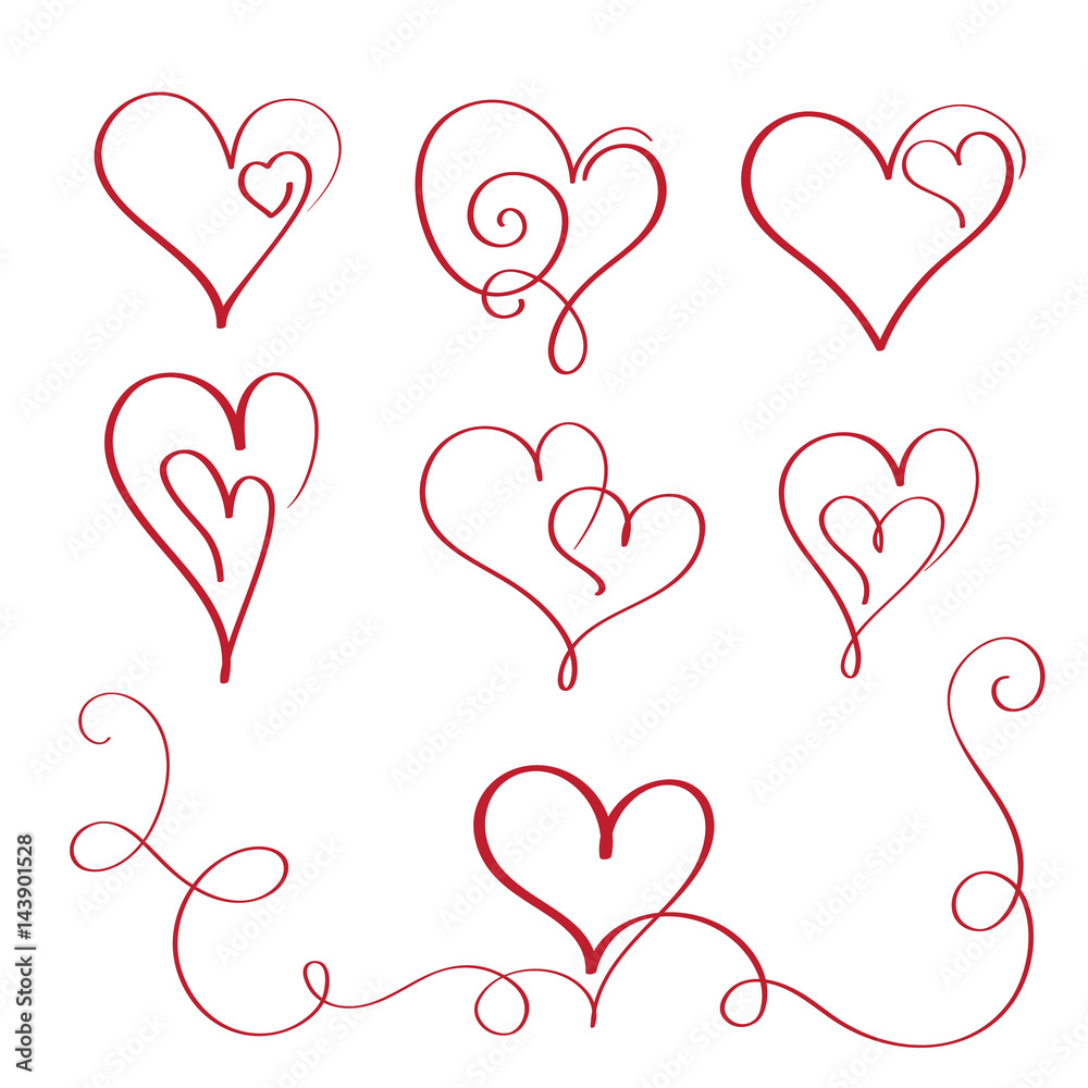 set of red flourish calligraphy vintage hearts. Illustration vector hand drawn EPS 10