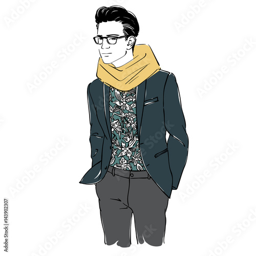 Attractive man with glasses and scarf in fashion suit. Hand draw vector illustration. Isolated.