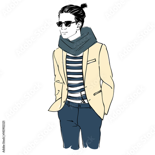 Attractive man with glasses and scarf in fashion suit. Hand draw vector illustration. Isolated.
