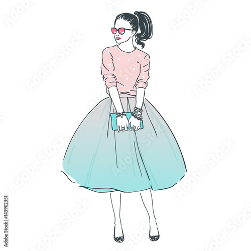 Beautiful young women in a fashion retro clothes in glasses with bag. Vector hand drawn illustration.
