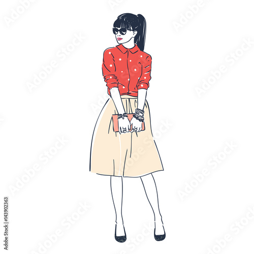 Beautiful young women in a fashion retro clothes in glasses with bag. Vector hand drawn illustration.