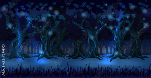 Panorama cartoon background of an oak forest. Seamless parallax for 2D arcade computer game. Glade and trees at dark night in light of moon. Vector illustration