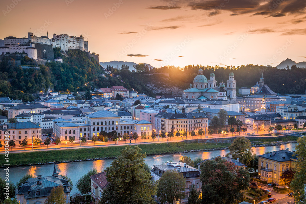 Historic city of Salzburg at sunset, Salzburger Land, Austria