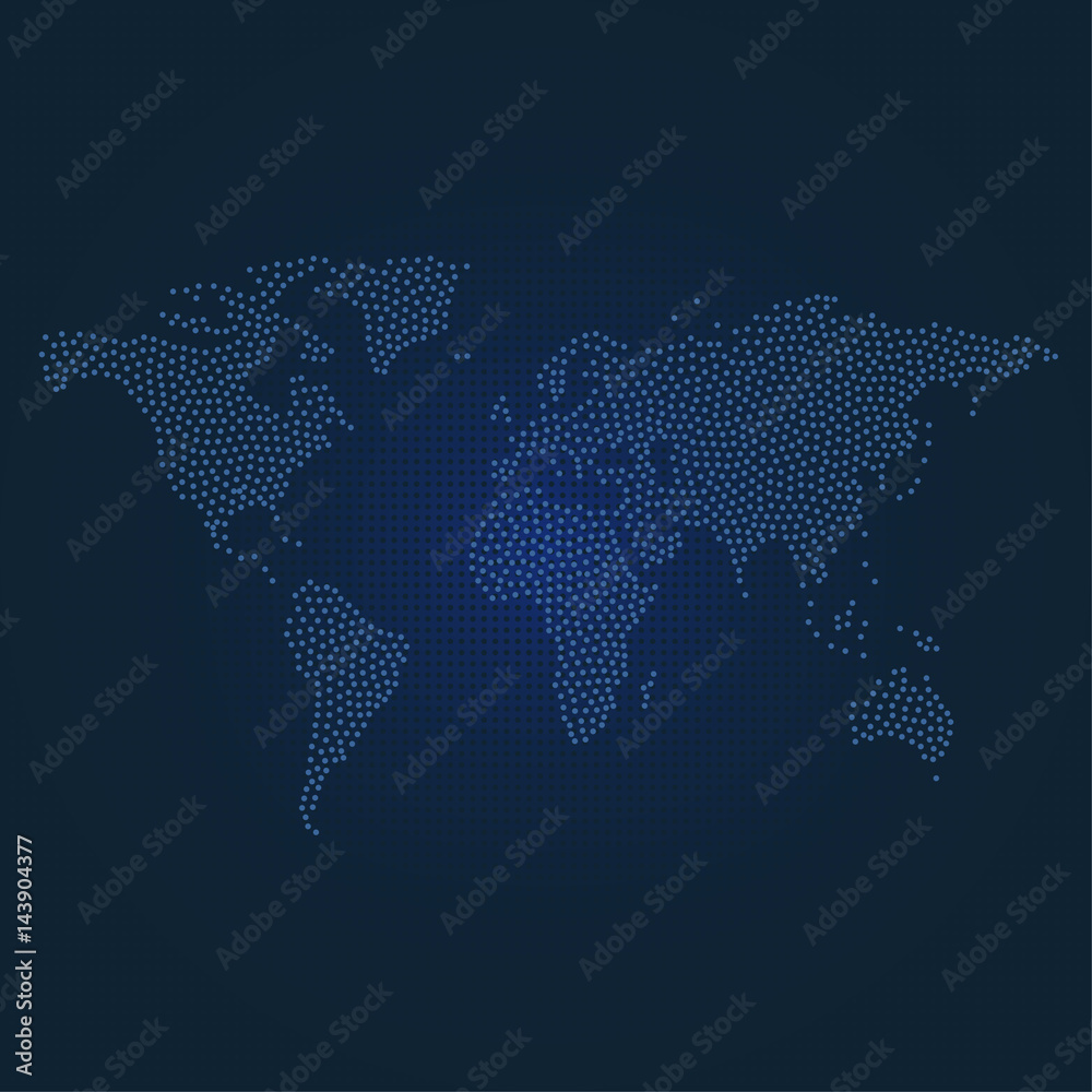 Dotted world map on dark blue dotted background