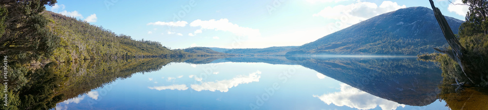 Panorama of mountain landscape and lake on clear day