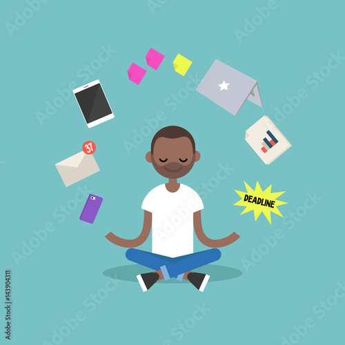 Dealing with stress. Young black man meditating with closed eyes in lotus pose surrounded by floating gadgets. Yoga and meditation / flat editable vector illustration, clip art