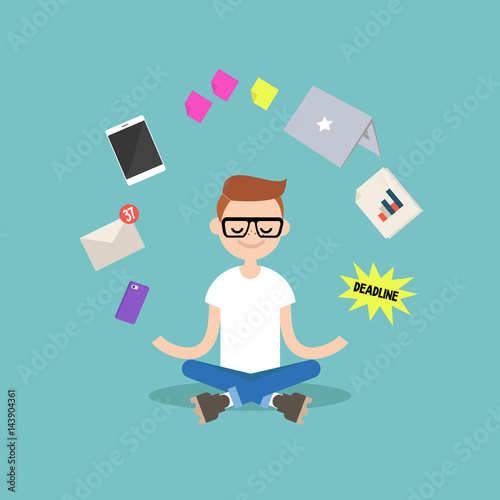 Dealing with stress. Young nerd meditating with closed eyes in lotus pose surrounded by floating gadgets. Yoga and meditation / flat editable vector illustration, clip art