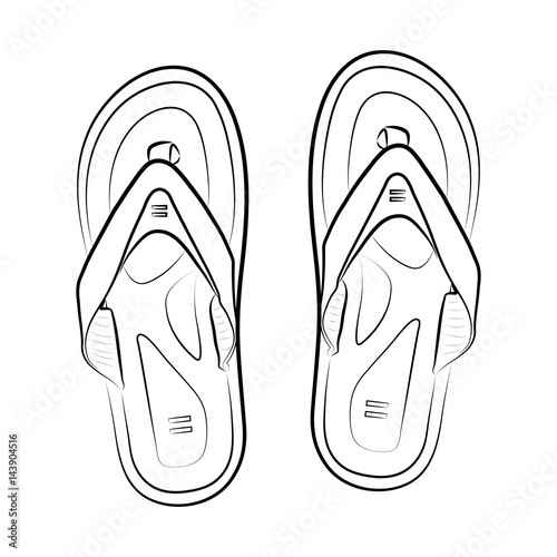 Pair of flip flops, summer time vacation attribute, slippers, shoes, sketch style vector black and white illustration isolated on white background.