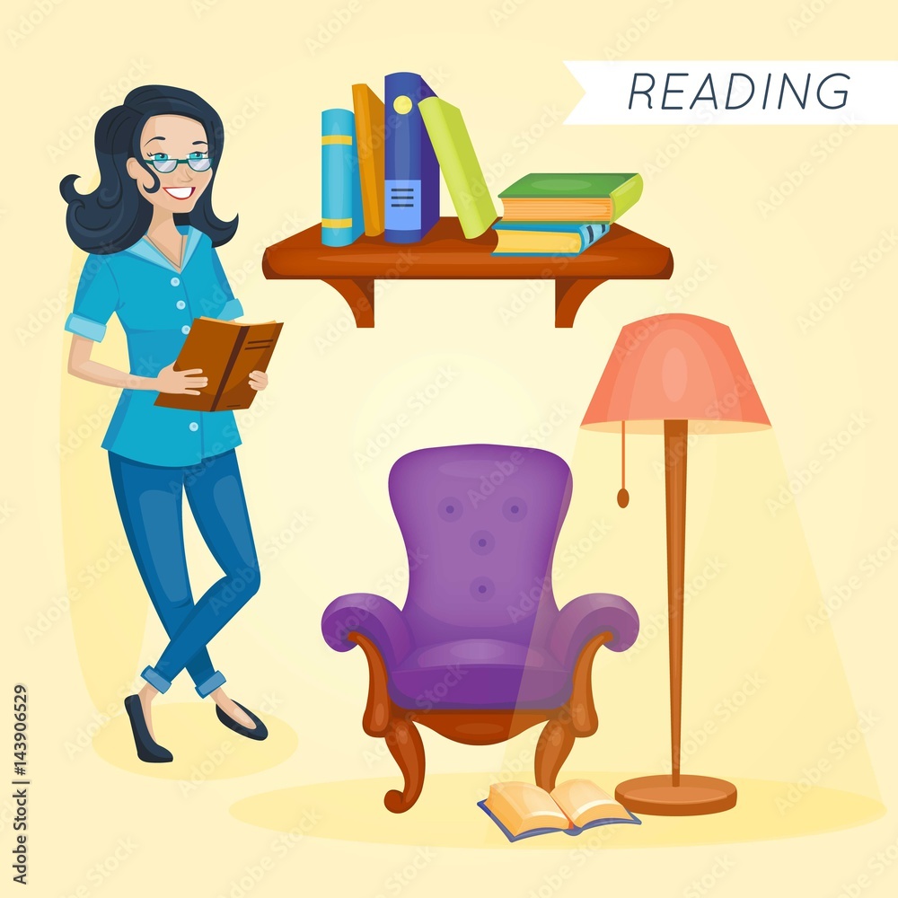 Fototapeta premium Smiling smart woman is reading the book. Vector illustration. Cartoon style