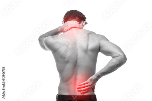Close up of man rubbing his painful back. Pain relief, chiropractic concept