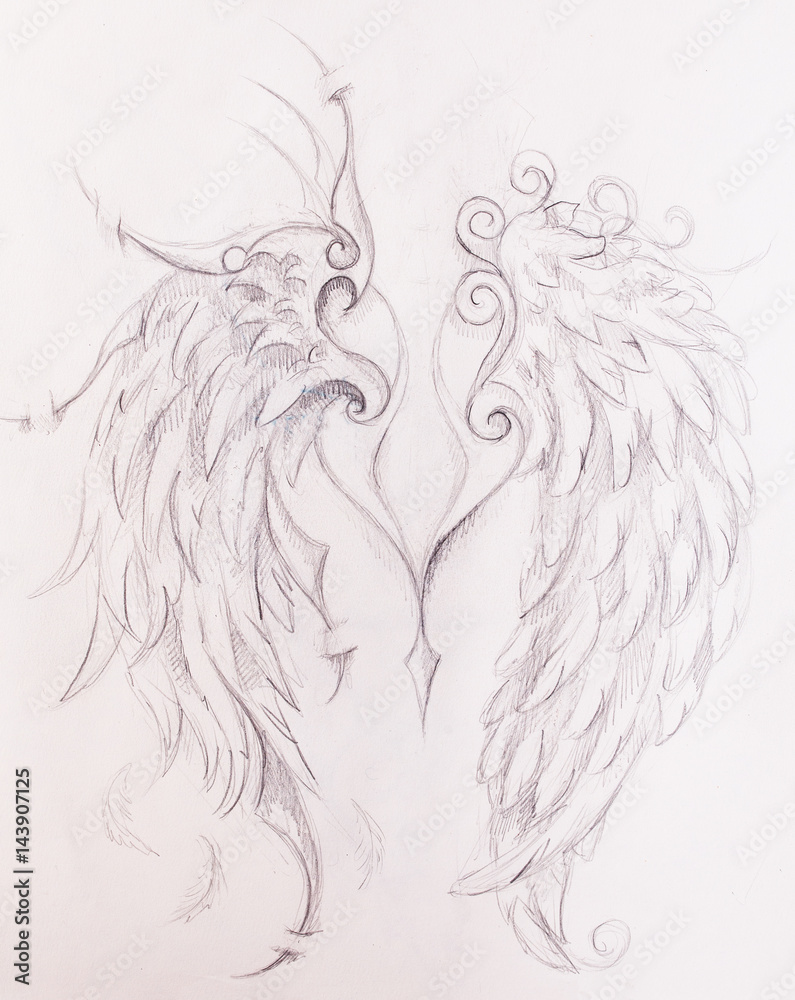 pencil drawing of angel wings