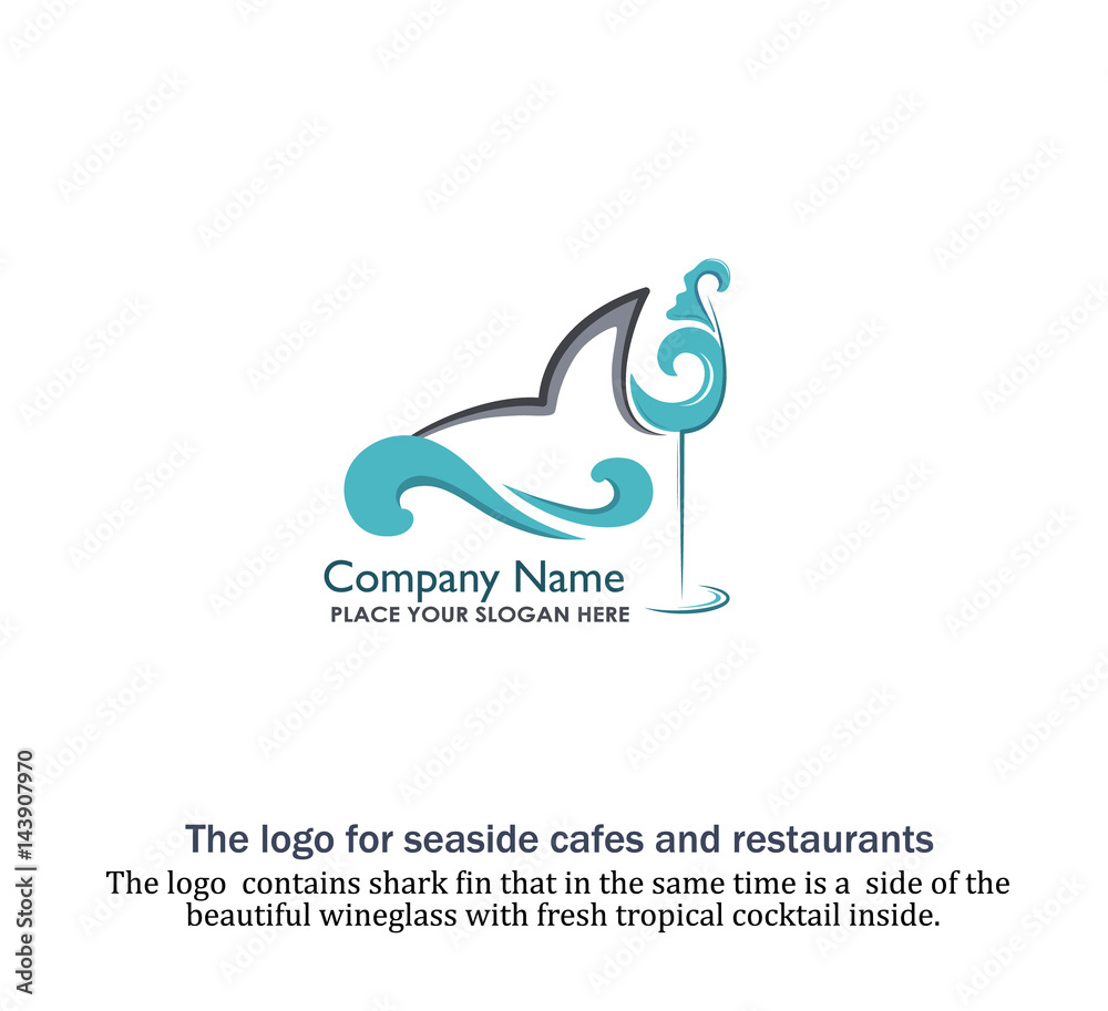 The logo contains shark fin that in the same time is a side of the Beautiful wineglass with fresh tropical cocktail inside. The cocktail is posed on the shape of breeze sea wave. Seafood cafe
The logo contains shark fin that in the same time is a side of the Beautiful wineglass with fresh tropical cocktail inside. The cocktail is posed on the shape of breeze sea wave. Seafood cafe