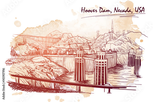 Hoover Dam stunning panoramic view. Linear hand drawing on a grunge spot ba. Sketch style. EPS10 vector illustration.