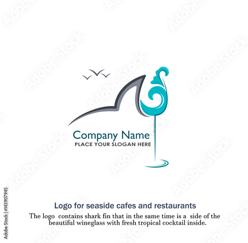The logo  contains shark fin that in the same time is a  side of the  Beautiful wineglass with fresh tropical cocktail inside. The cocktail is posed on the shape of breeze sea wave. Seafood cafe