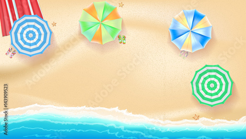 Set of colorful beach sun umbrellas flip-flops and beach Mat on the background of sand near the sea surf with beach flip flops and starfish, top view. Vector illustration for your poster or covers