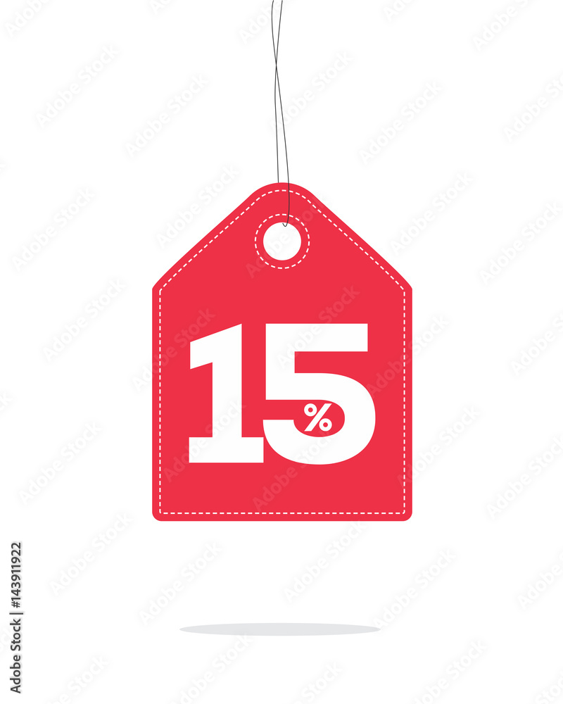 Vector red hanging price tag label designed with 15 text and stitches