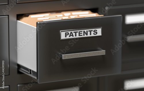 Patent files and documents in cabinet in office. 3D rendered illustration. photo