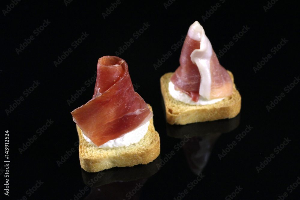 Canape with jamon and cheese mousse on toast Canape with jamon and cheese mousse on toast