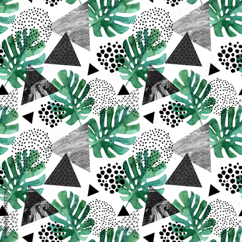 Abstract background with watercolor tropical leaves and textured triangles