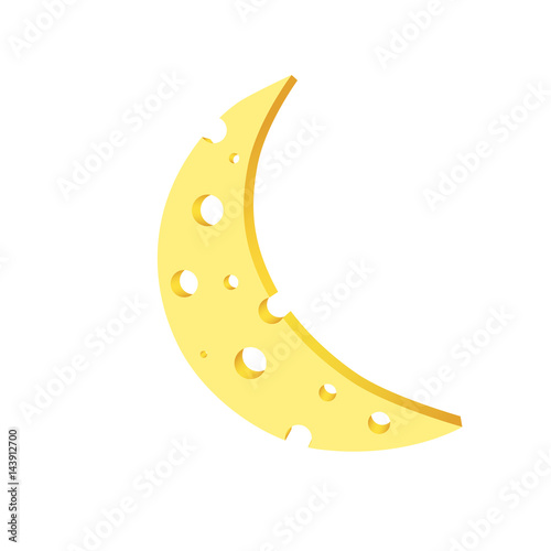 Isolated yellow moon or crescent like slice of cheese with holes on white background.
