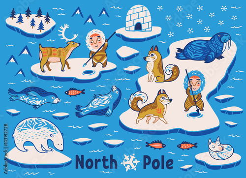 Vector collection of polar animals, eskimos and yurt