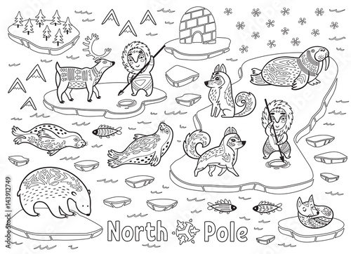 Outline North Pole animals, eskimos and yurt