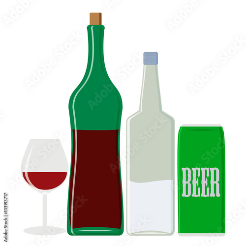 alcohol drinks: vodka and wine, beer. Isolated objects.