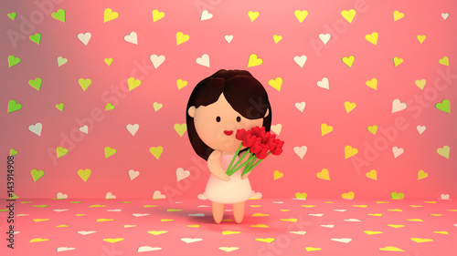 3d rendering picture of female cartoon character holding red carnations. Happy Mother's Day greeting card. Retro heart shape wallpaper. Vintage photo filter effect.