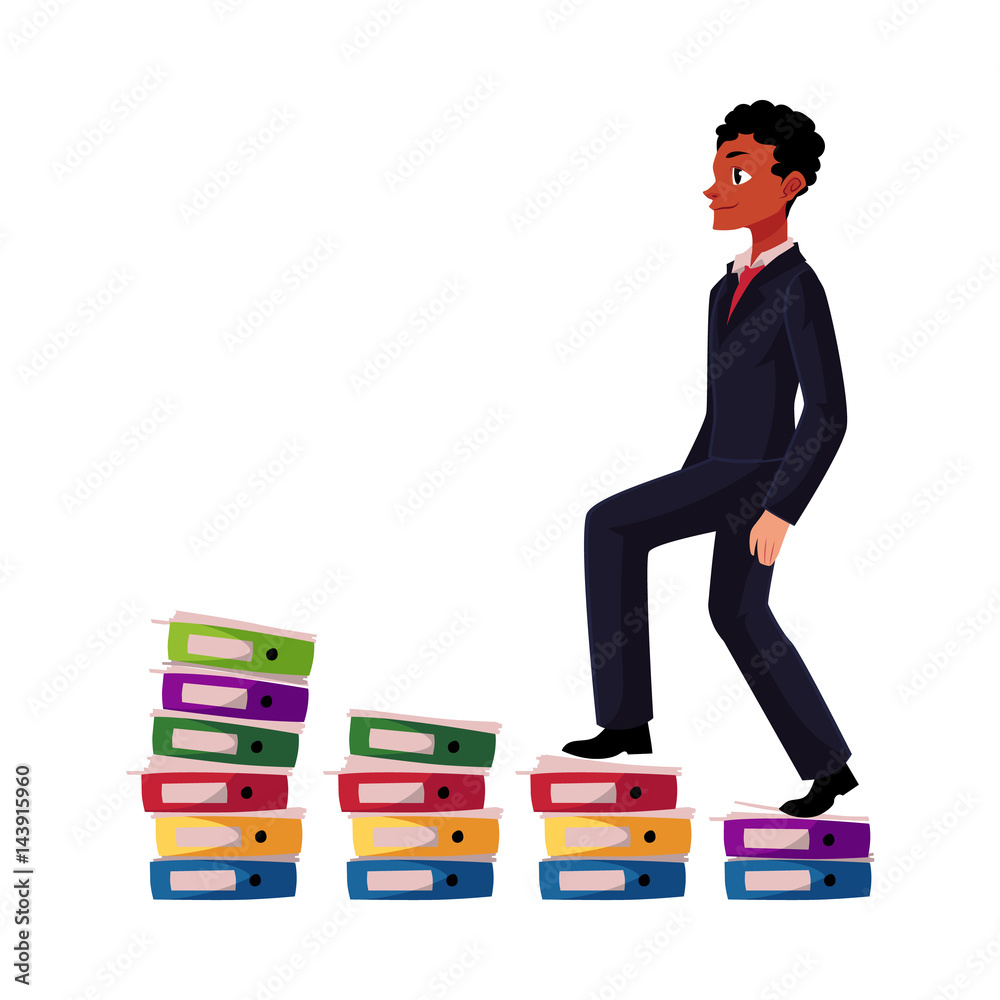 Black, African American businessman climbing piles of documents, career ladder, cartoon vector illustration isolated on white background. Folders like corporate ladder, businessman making career Black, African American businessman climbing piles of documents, career ladder, cartoon vector illustration isolated on white background. Folders like corporate ladder, businessman making career