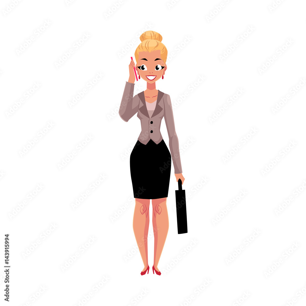 Young blond businesswoman with briefcase calling, talking by mobile phone, cartoon vector illustration isolated on white background. Businesswoman, business woman standing with briefcase and phone Young blond businesswoman with briefcase calling, talking by mobile phone, cartoon vector illustration isolated on white background. Businesswoman, business woman standing with briefcase and phone