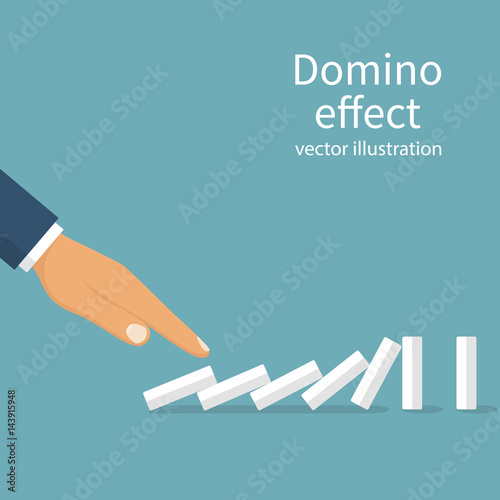 Start domino effect. Chain reaction concept. Successful intervention. Man pushes the domin. Business metaphor. Vector illustration flat design. Isolated on white background. Sabotage. Destroy system.