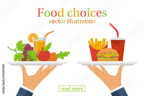 Food choice. Healthy and junk eating. A man is holding a tray organic products and fast food. Diet decision concept and nutrition. Fresh fruit and vegetables or greasy cholesterol. Vector flat design.