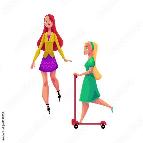 Two pretty girls, women, one roller skating, another riding kick scooter, personal urban transport, cartoon vector illustration isolated on white background. Girls riding push scooter, roller skating