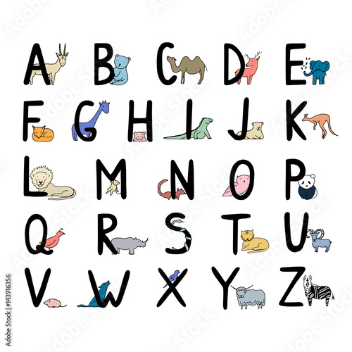 Hand Drawn Animal Alphabet for Kids.
