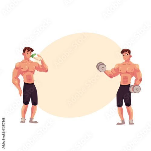 Man bodybuilder, weightlifter working out with dumbbells and drinking protein shake, cartoon vector illustration with space for text. Man bodybuilder with dumbbells and drinking protein