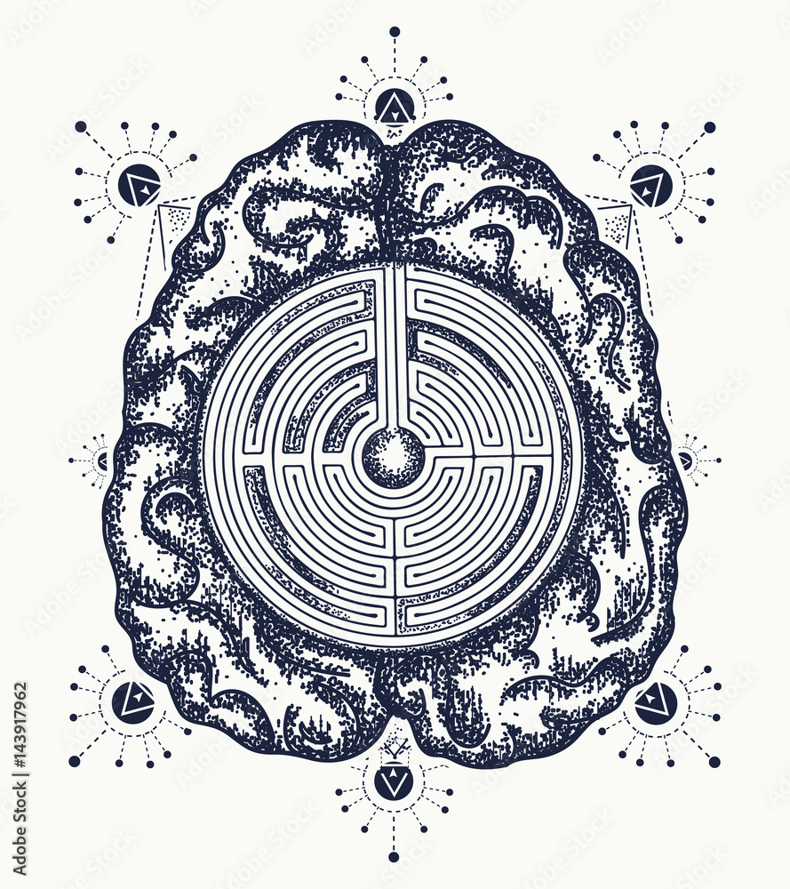 Brain and labyrinth tattoo art. Symbol of philosophy, artificial intelligence, psychology, creative thinking. Ingenious brain t-shirt design Stock Vector