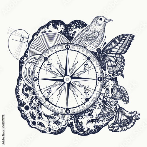 Left and right brain tattoo art. Symbol of thinking, imagination, science, study. Left and right brain functions, analytical and creativity t-shirt design