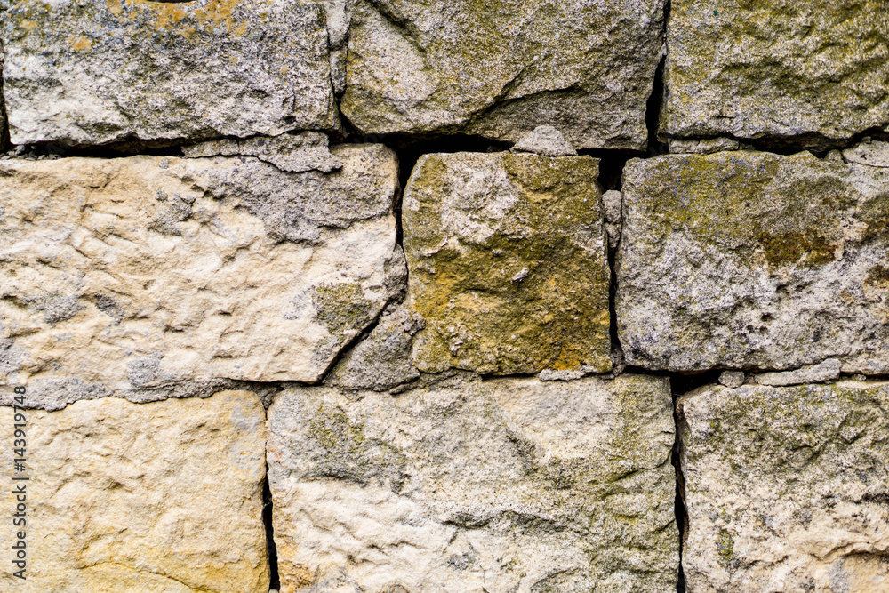 Fototapeta premium Closeup nafragment wall of chipped stone, rock walls, overgrown with moss and fungi. Vintage, Grunge, nostalgia.Black and white texture.