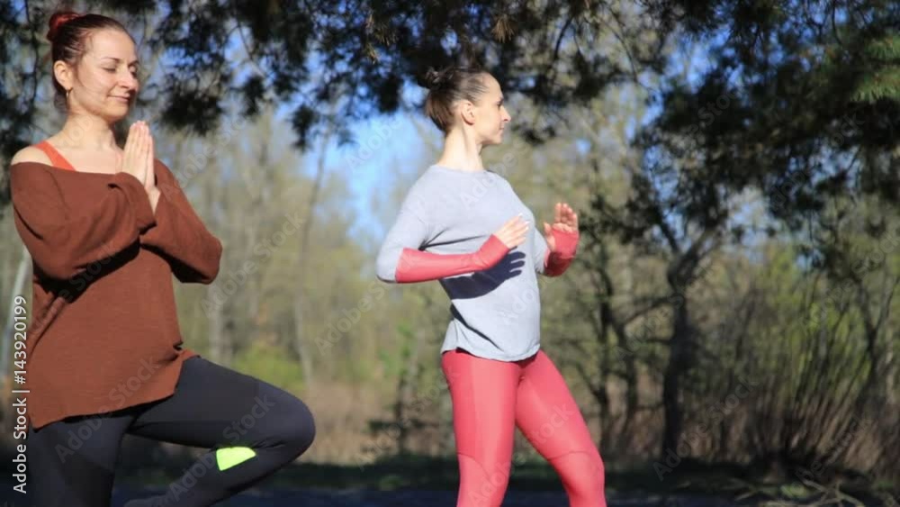 Pair of women exercising yoga fitness sports in forest park. Healthy lifestyle concept. Pair of women exercising yoga fitness sports in forest park. Healthy lifestyle concept.