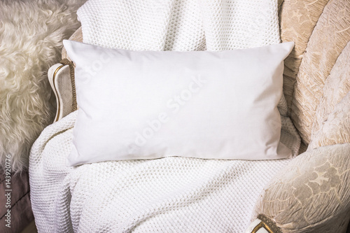 Принти на полотні White lumbar pillow case Mockup. Interior photo