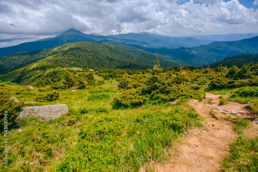Fototapeta premium Trek to the top. Mountain valley landscape. Summer time.