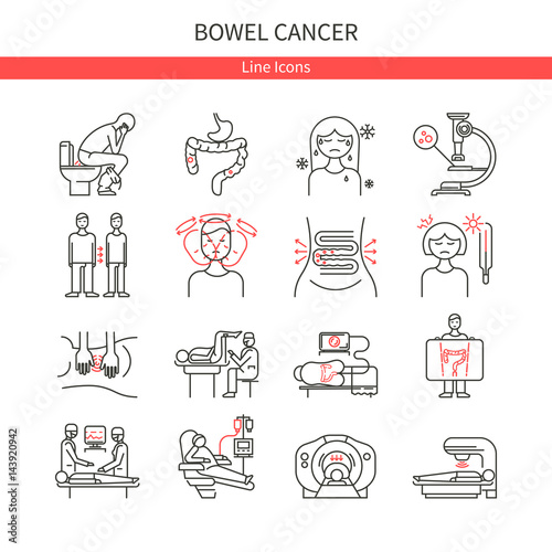 Bowel cancer linear icons