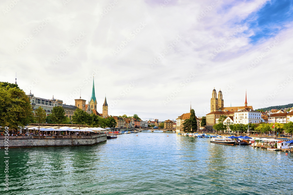 Limmat River Quay and three churches of Zurich Swiss