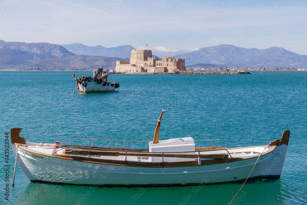 Fishing Boats and Bourtzi Fortress in Nafplion, Greece- landscape photo
