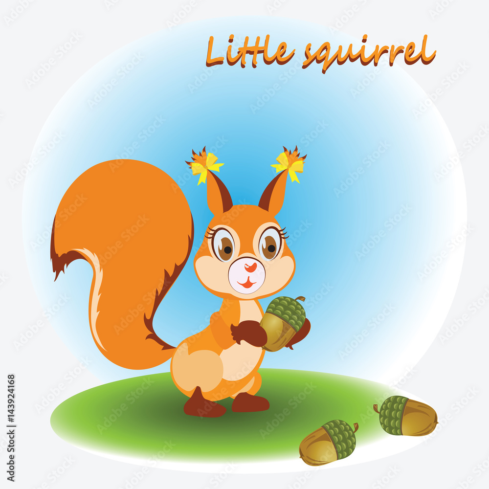 Little Squirrel and acorns. Zoo. A child's drawing. Nature. Cartoon  characters. Design for children's textiles, pattern, emblems, book and  background image. Stock Vector | Adobe Stock