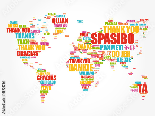 Thank You in many languages World Map in Typography word cloud, multilingual for education or thanksgiving day