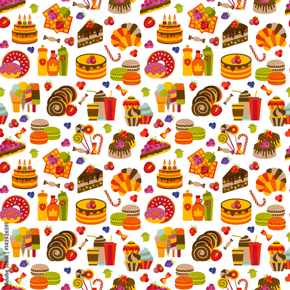 Sweet food flat seamless pattern. Vector illustration.