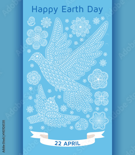 Happy Earth Day background with ornate birds and flowers. Vector illustration. photo