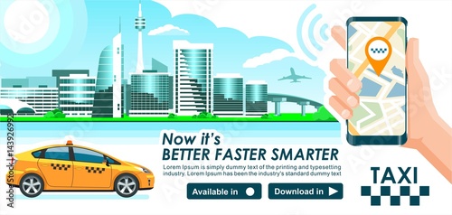 Taxi app banner. City skyline modern buildings hi-tech & taxi cab also smartphone gps map in hand. Concept template of taxi call service for store.