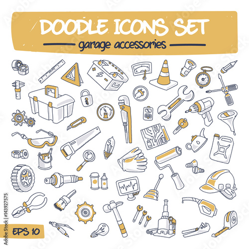 Doodle Icons Set - Garage Accessories. Sketch Sign Illustration on Paper of Hand Drawn Tools. Colorfull Hand Drawing Line Icons for Web, App, Mobile, Business, Finance, Technology, Education. .